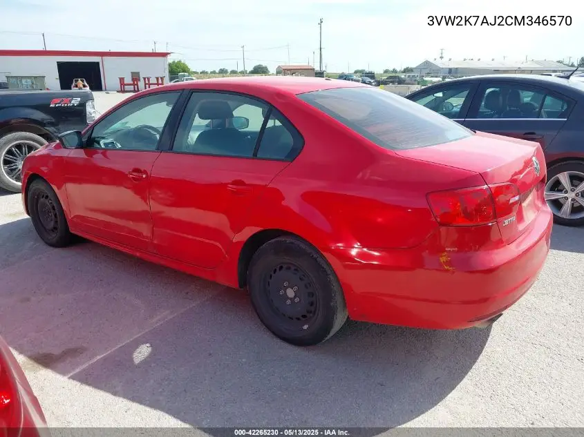 2012 Volkswagen Jetta 2.0L S VIN: 3VW2K7AJ2CM346570 Lot: 42265230