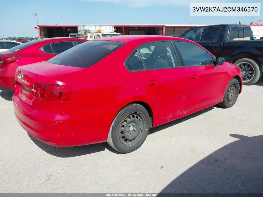 2012 Volkswagen Jetta 2.0L S VIN: 3VW2K7AJ2CM346570 Lot: 42265230