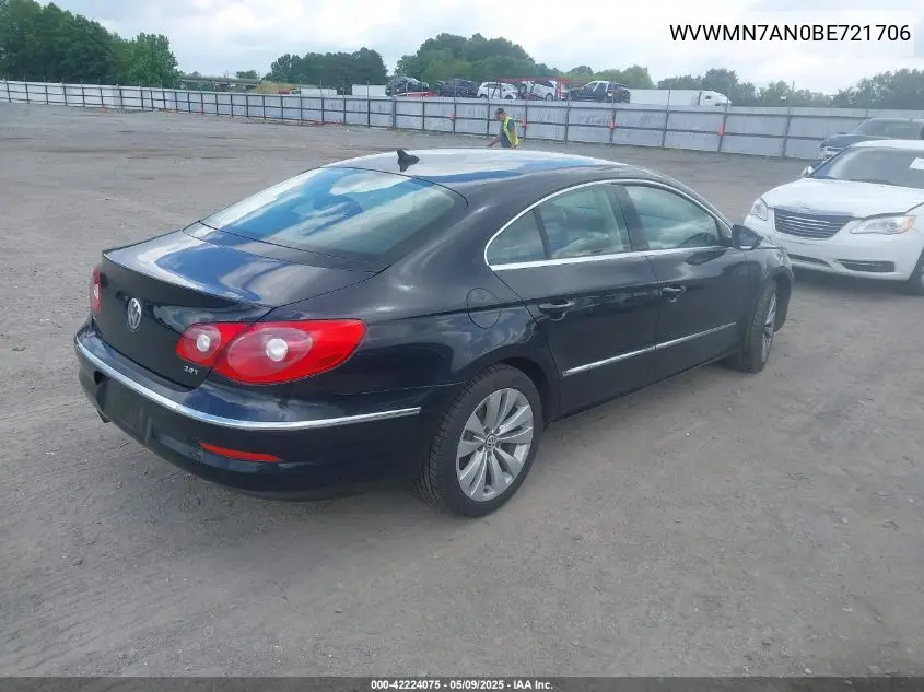 2011 Volkswagen Cc Sport VIN: WVWMN7AN0BE721706 Lot: 42224075