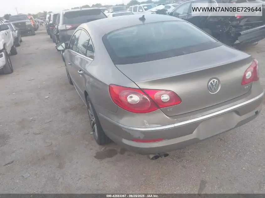 2011 Volkswagen Cc Sport VIN: WVWMN7AN0BE729644 Lot: 42583367