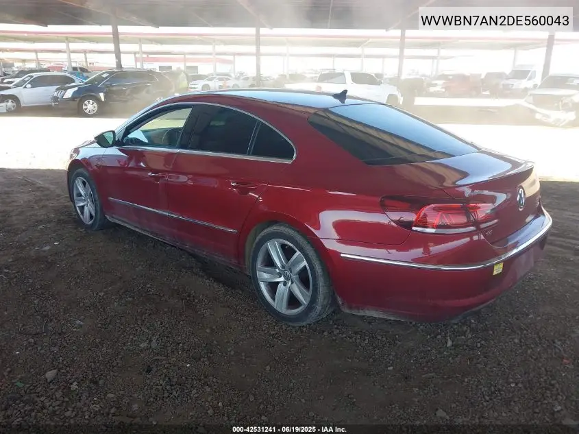 2013 Volkswagen Cc 2.0T Sport VIN: WVWBN7AN2DE560043 Lot: 42531241