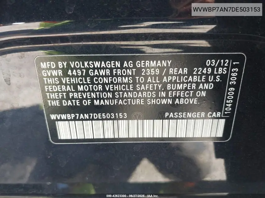 2013 Volkswagen Cc 2.0T Sport Plus VIN: WVWBP7AN7DE503153 Lot: 42623300