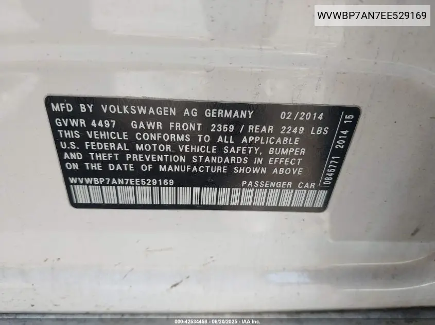 2014 Volkswagen Cc 2.0T Sport VIN: WVWBP7AN7EE529169 Lot: 42534458