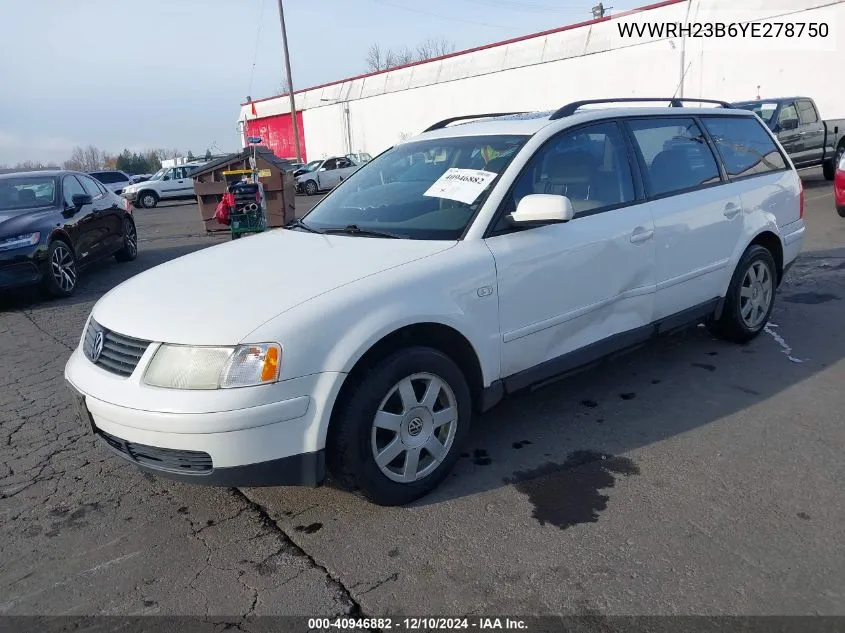 2000 Volkswagen Passat Gls V6 VIN: WVWRH23B6YE278750 Lot: 40946882