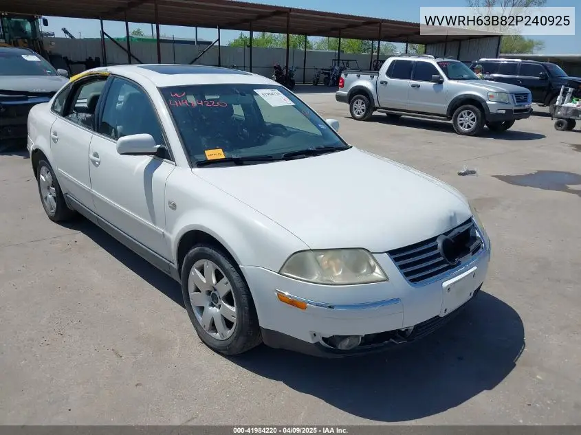 2002 Volkswagen Passat Glx VIN: WVWRH63B82P240925 Lot: 41984220
