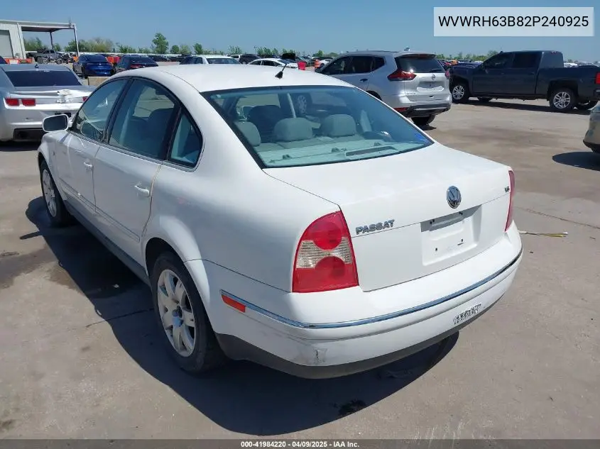 2002 Volkswagen Passat Glx VIN: WVWRH63B82P240925 Lot: 41984220