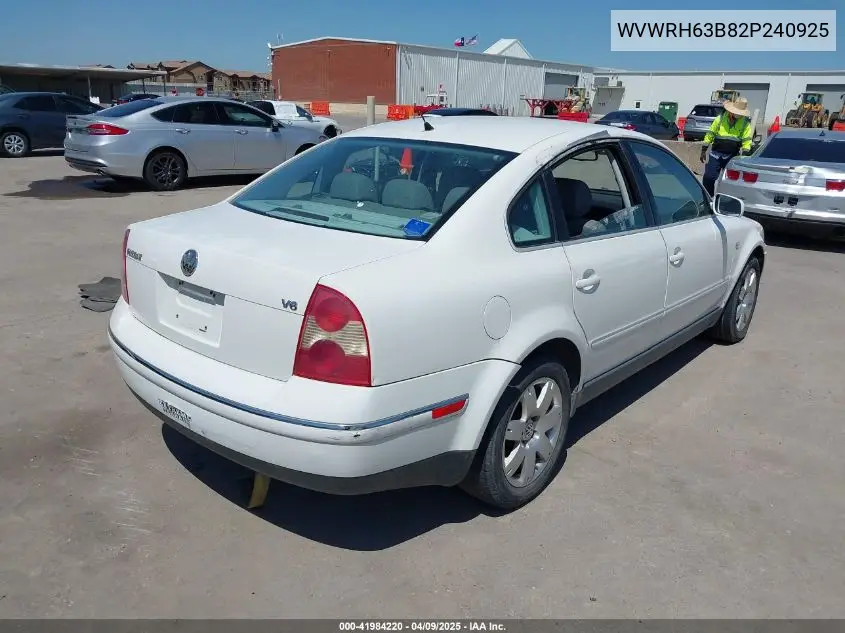 2002 Volkswagen Passat Glx VIN: WVWRH63B82P240925 Lot: 41984220