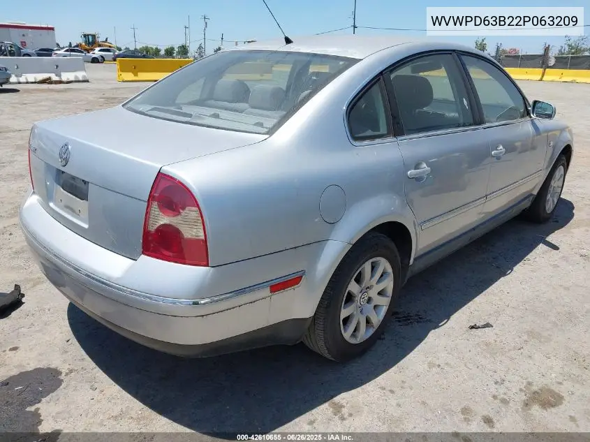 2002 Volkswagen Passat Gls VIN: WVWPD63B22P063209 Lot: 42610655