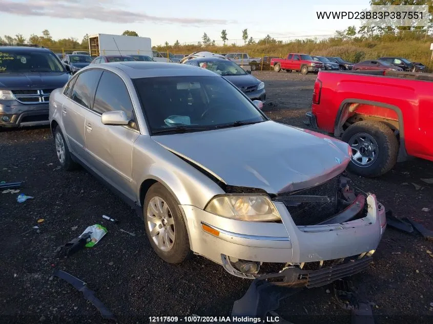 2003 Volkswagen Passat Gls VIN: WVWPD23B83P387551 Lot: 12117509