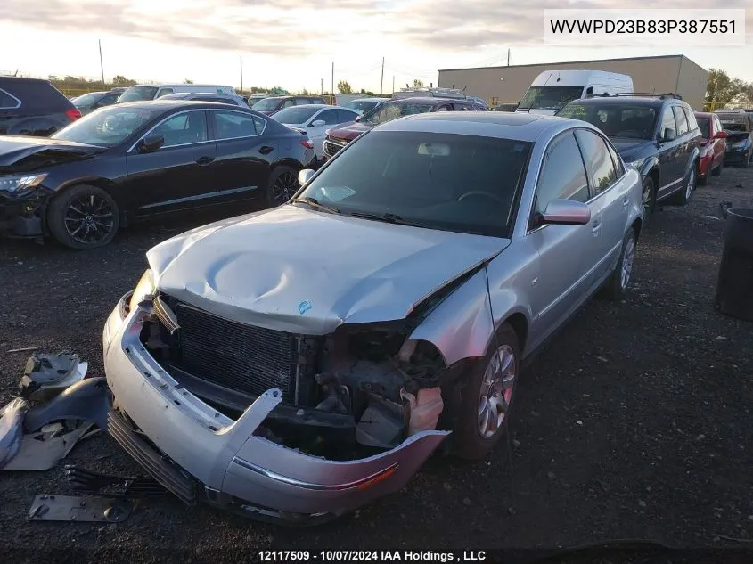 2003 Volkswagen Passat Gls VIN: WVWPD23B83P387551 Lot: 12117509