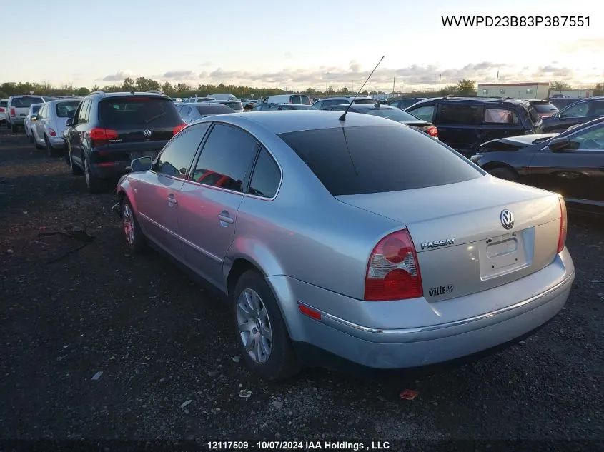 2003 Volkswagen Passat Gls VIN: WVWPD23B83P387551 Lot: 12117509