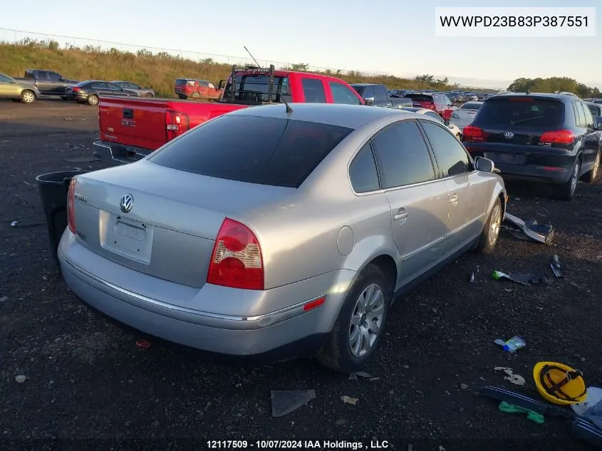 2003 Volkswagen Passat Gls VIN: WVWPD23B83P387551 Lot: 12117509