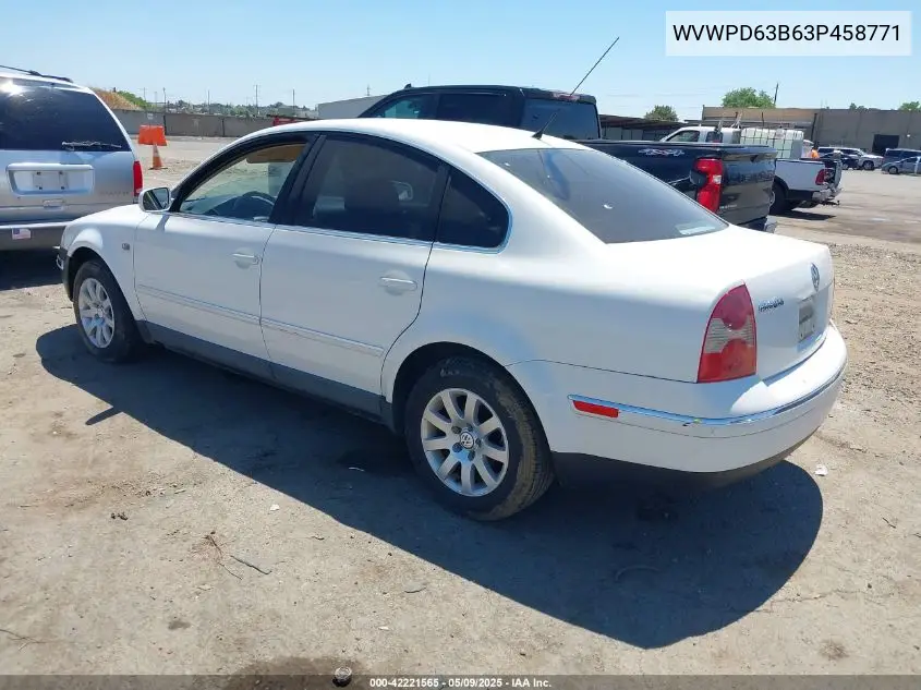 2003 Volkswagen Passat Gls VIN: WVWPD63B63P458771 Lot: 42221565