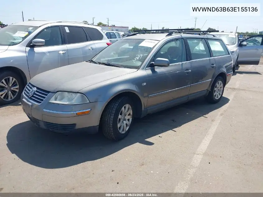 2003 Volkswagen Passat Gl VIN: WVWND63B63E155136 Lot: 42560856