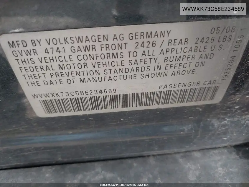 2008 Volkswagen Passat Turbo VIN: WVWXK73C58E234589 Lot: 42534711