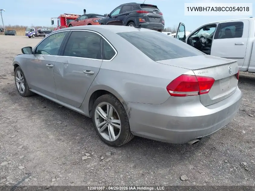 2012 Volkswagen Passat Se VIN: 1VWBH7A38CC054018 Lot: 12301087