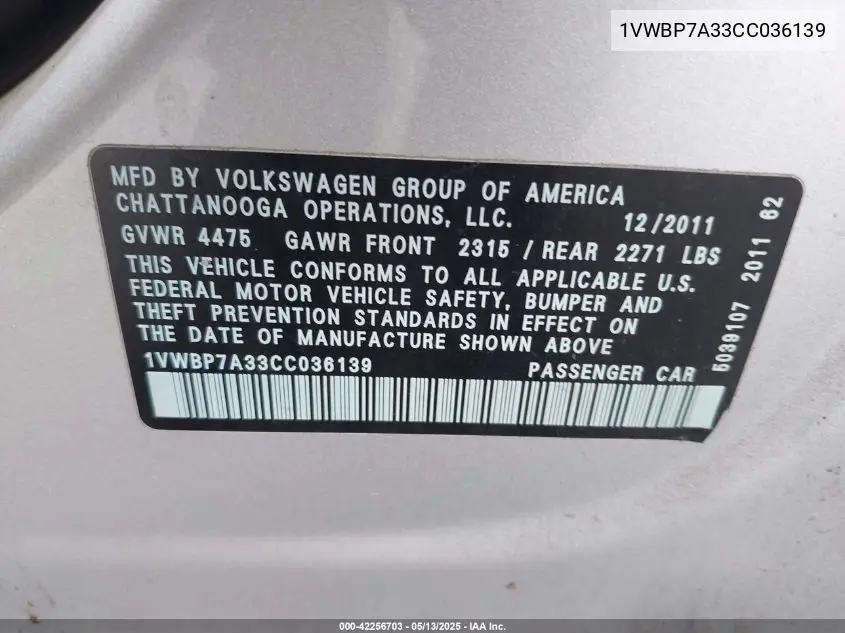 2012 Volkswagen Passat 2.5L Se VIN: 1VWBP7A33CC036139 Lot: 42256703