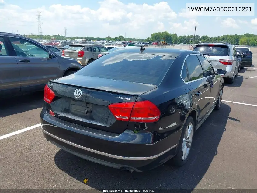 2012 Volkswagen Passat 3.6L V6 Sel Premium VIN: 1VWCM7A35CC010221 Lot: 42644715