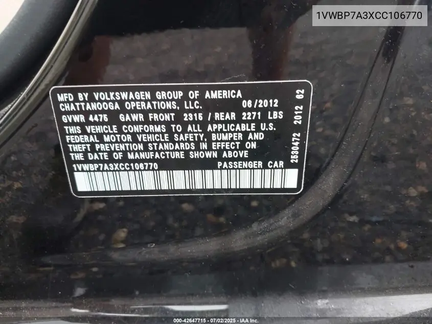 2012 Volkswagen Passat 2.5L Se VIN: 1VWBP7A3XCC106770 Lot: 42647715