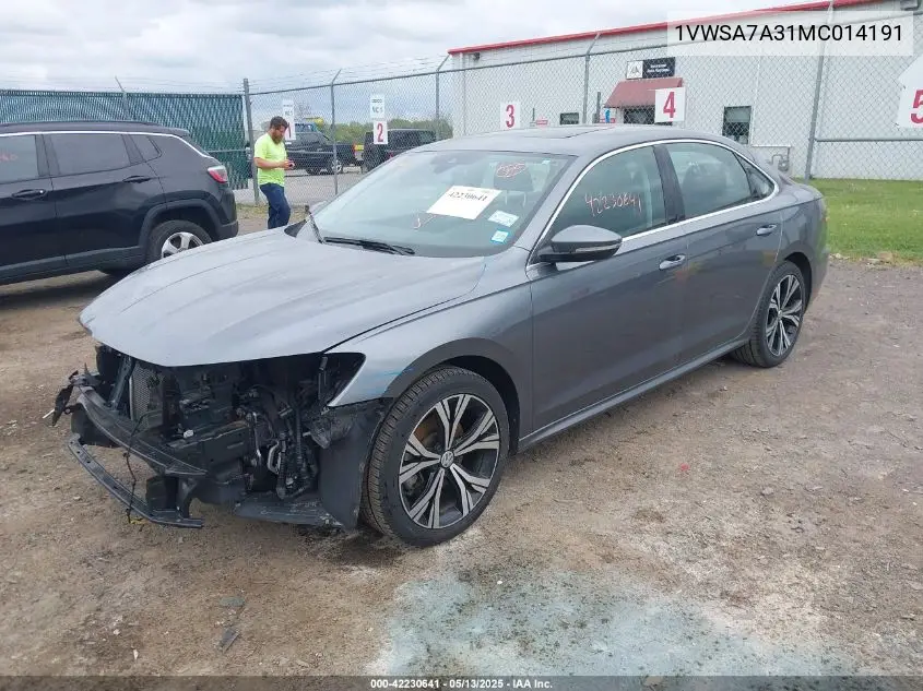 2021 Volkswagen Passat 2.0T Se VIN: 1VWSA7A31MC014191 Lot: 42230641