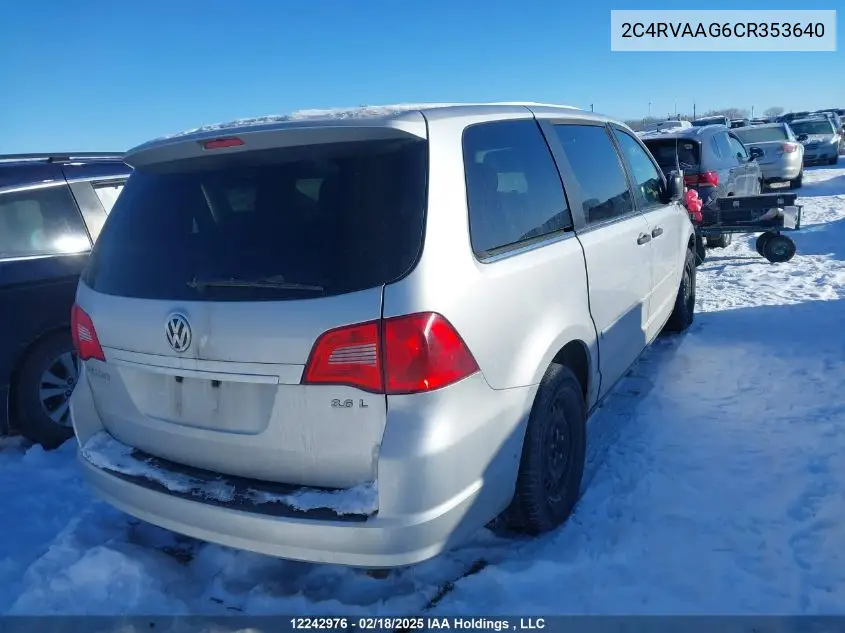2012 Volkswagen Routan S VIN: 2C4RVAAG6CR353640 Lot: 12242976