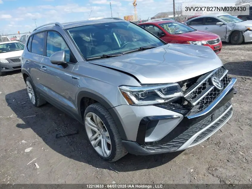 2022 Volkswagen Taos VIN: 3VV2X7B27NM039430 Lot: 12213633