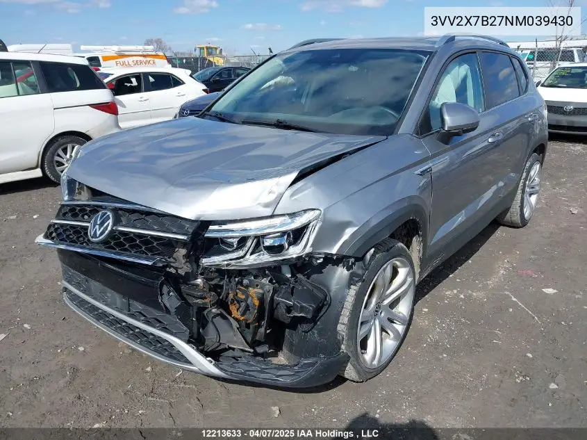 2022 Volkswagen Taos VIN: 3VV2X7B27NM039430 Lot: 12213633
