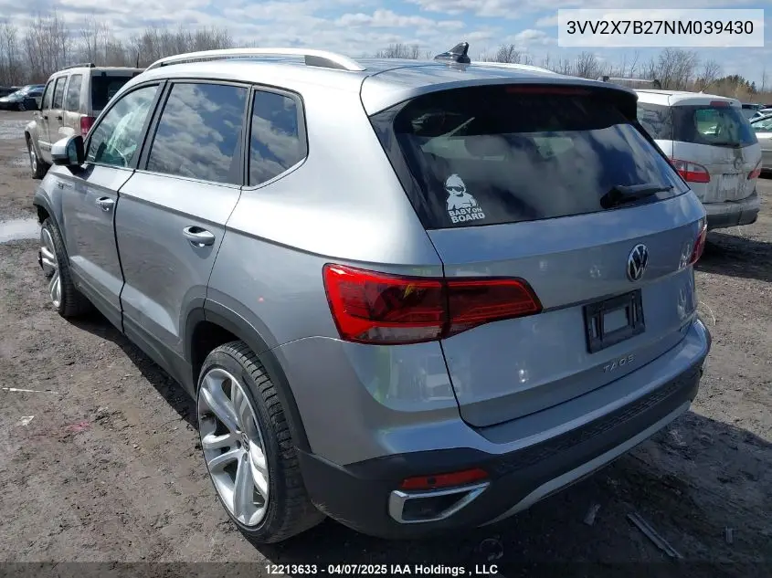 2022 Volkswagen Taos VIN: 3VV2X7B27NM039430 Lot: 12213633