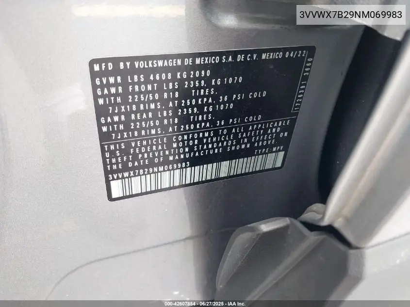 2022 Volkswagen Taos 1.5T Se VIN: 3VVWX7B29NM069983 Lot: 42607854