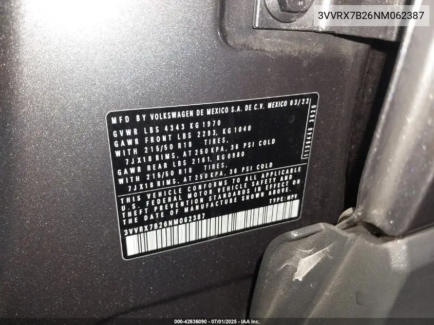 2022 Volkswagen Taos 1.5T Se VIN: 3VVRX7B26NM062387 Lot: 42636090
