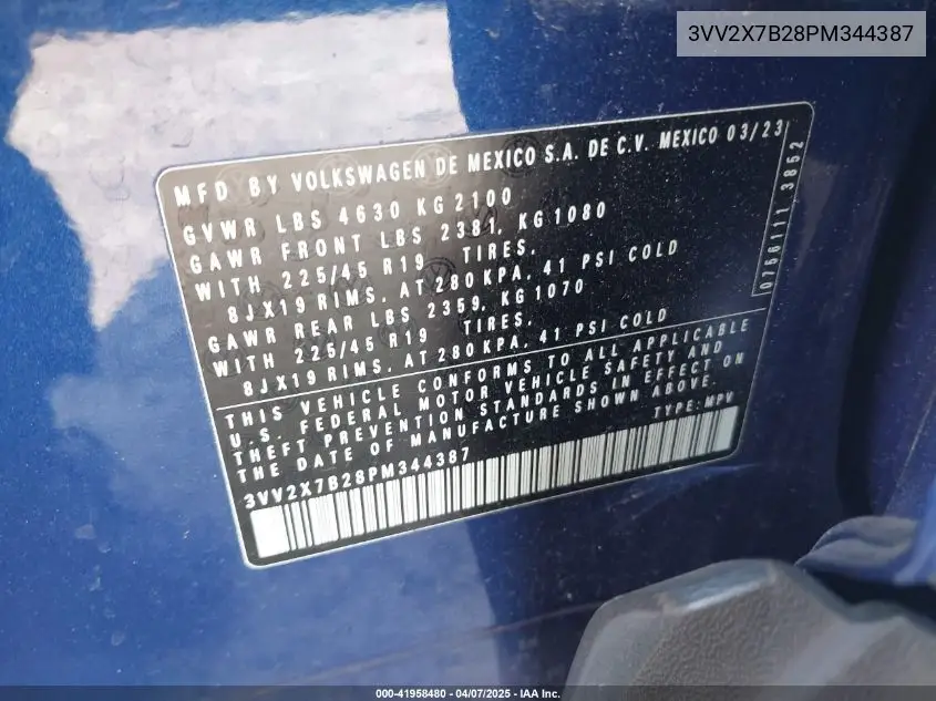 2023 Volkswagen Taos 1.5T Sel VIN: 3VV2X7B28PM344387 Lot: 41958480