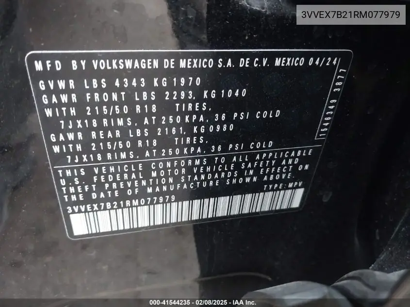 2024 Volkswagen Taos 1.5T Se VIN: 3VVEX7B21RM077979 Lot: 41544235