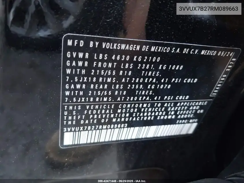 2024 Volkswagen Taos 1.5T Se VIN: 3VVUX7B27RM089663 Lot: 42471446