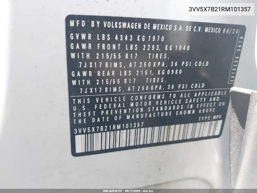 2024 Volkswagen Taos 1.5T S VIN: 3VV5X7B21RM101357 Lot: 42538157