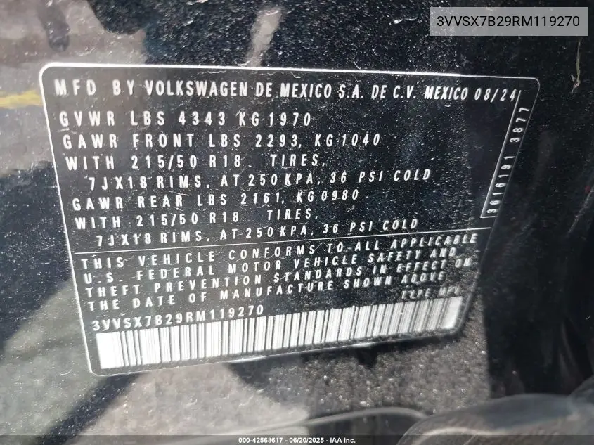 2024 Volkswagen Taos 1.5T Se VIN: 3VVSX7B29RM119270 Lot: 42568617