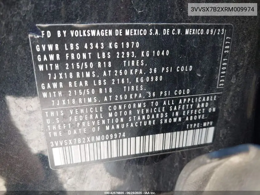 2024 Volkswagen Taos 1.5T Se VIN: 3VVSX7B2XRM009974 Lot: 42576605