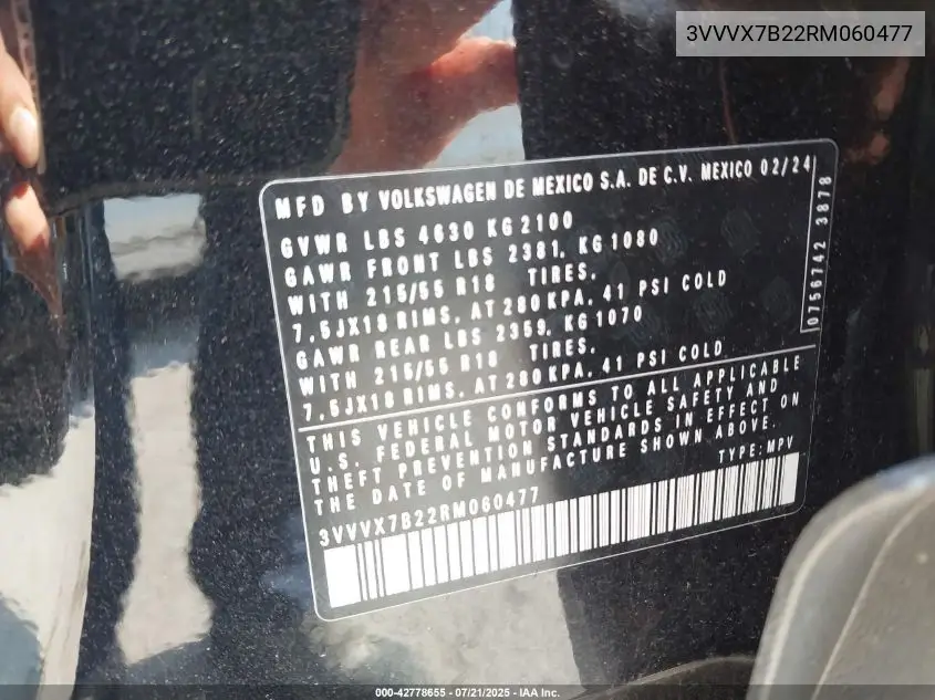 2024 Volkswagen Taos 1.5T Se VIN: 3VVVX7B22RM060477 Lot: 42778655
