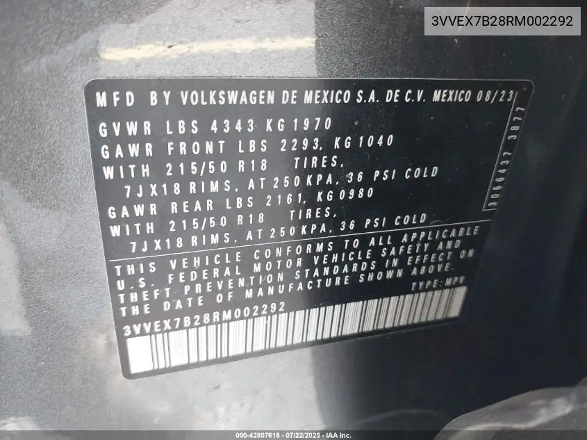 2024 Volkswagen Taos 1.5T Se VIN: 3VVEX7B28RM002292 Lot: 42807616