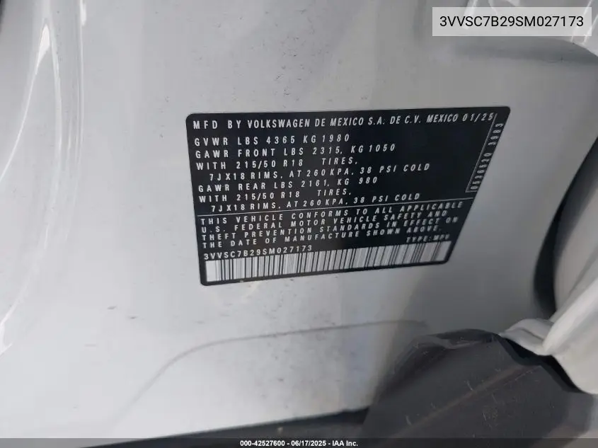 2025 Volkswagen Taos 1.5T Se VIN: 3VVSC7B29SM027173 Lot: 42527600