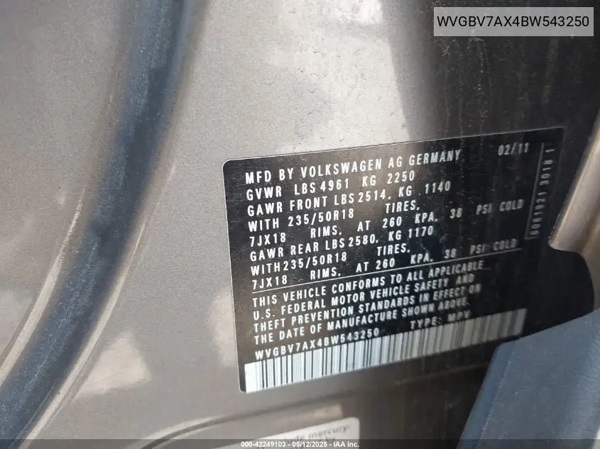 2011 Volkswagen Tiguan Se VIN: WVGBV7AX4BW543250 Lot: 42249103