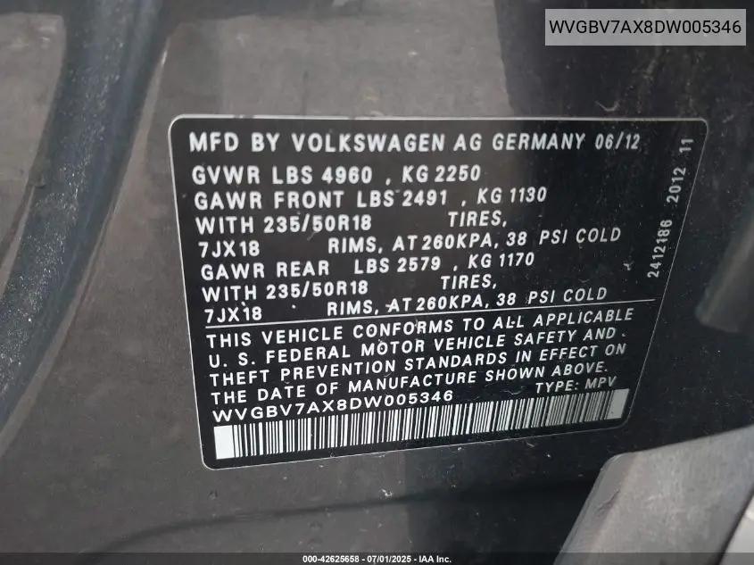 2013 Volkswagen Tiguan Se VIN: WVGBV7AX8DW005346 Lot: 42625658
