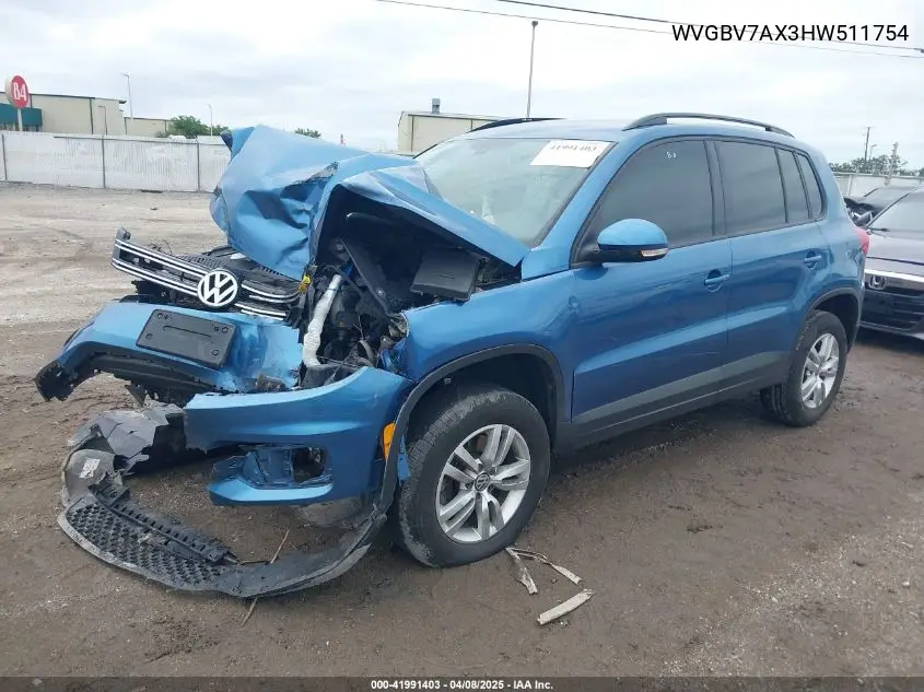 2017 Volkswagen Tiguan 2.0T S VIN: WVGBV7AX3HW511754 Lot: 41991403