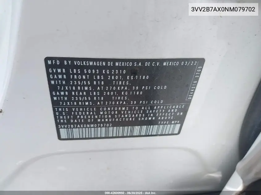 2022 Volkswagen Tiguan 2.0T Se VIN: 3VV2B7AX0NM079702 Lot: 42600950