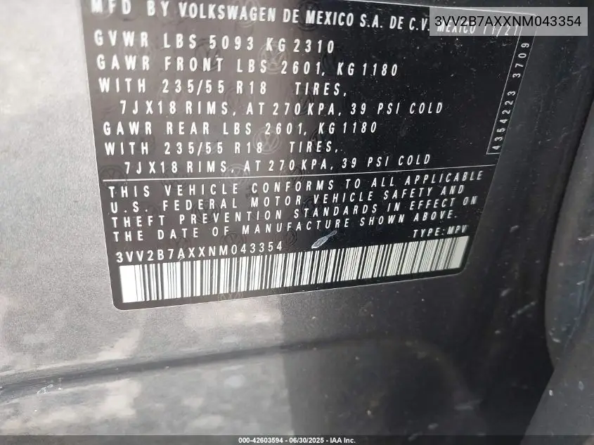 2022 Volkswagen Tiguan 2.0T Se VIN: 3VV2B7AXXNM043354 Lot: 42603594