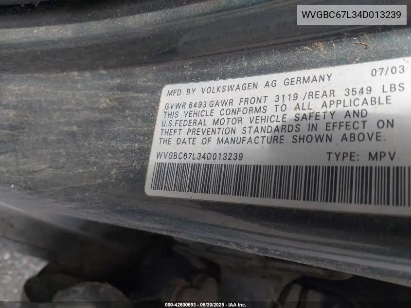 2004 Volkswagen Touareg V6 VIN: WVGBC67L34D013239 Lot: 42600693