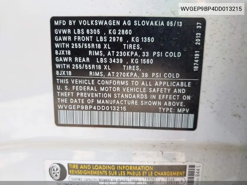 2013 Volkswagen Touareg Tdi Sport VIN: WVGEP9BP4DD013215 Lot: 42154801