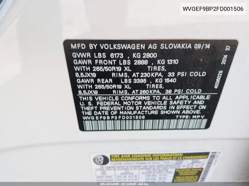 2015 Volkswagen Touareg V6 Lux VIN: WVGEF9BP2FD001506 Lot: 42232492