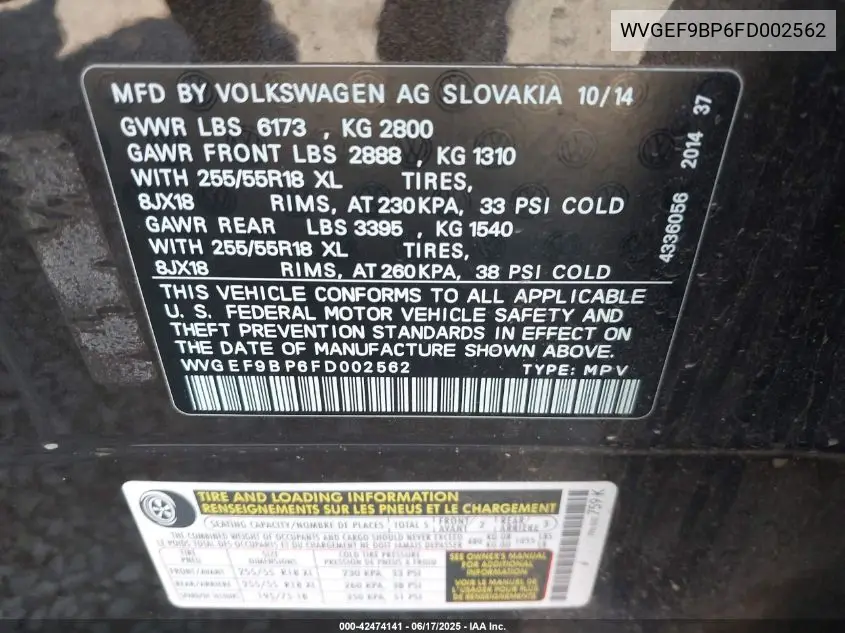 2015 Volkswagen Touareg V6 Sport VIN: WVGEF9BP6FD002562 Lot: 42474141