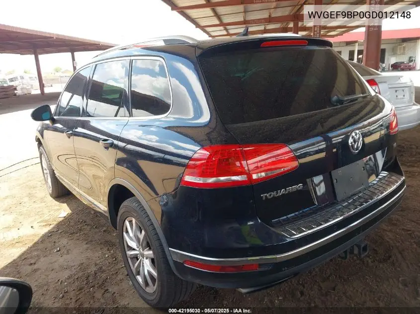 2016 Volkswagen Touareg Vr6 Sport VIN: WVGEF9BP0GD012148 Lot: 42195030