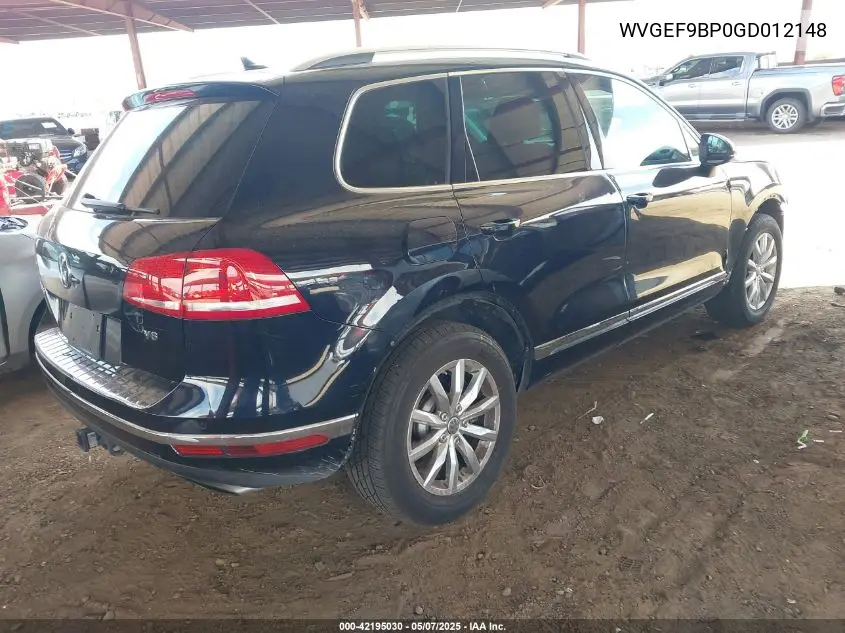2016 Volkswagen Touareg Vr6 Sport VIN: WVGEF9BP0GD012148 Lot: 42195030